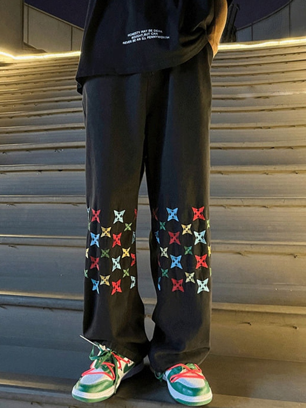 Vaqueros de pierna recta con estampado de bordado colorido lavado para hombre-3