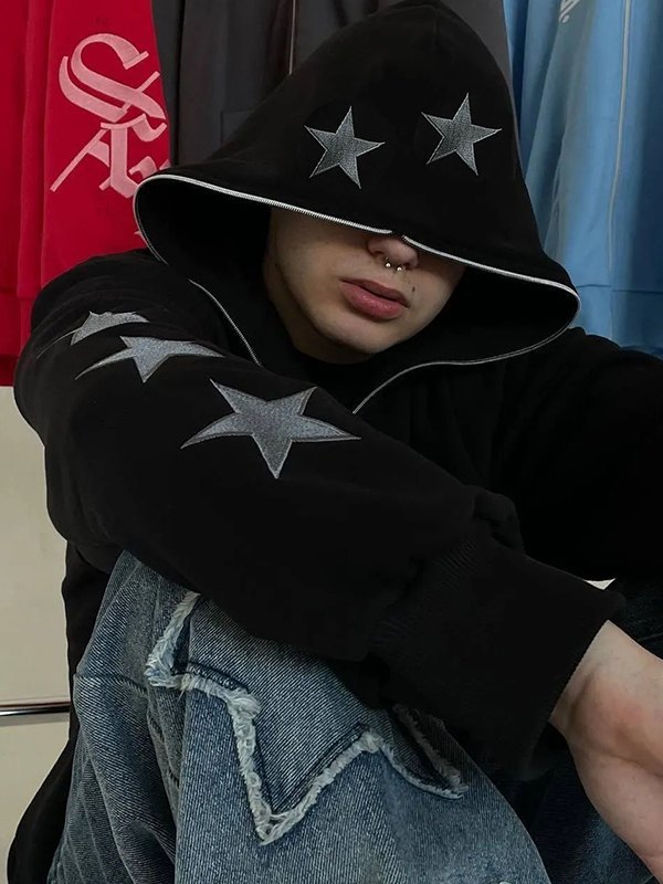 Sudadera con capucha y cremallera con bordado de estrella punk para hombre-1