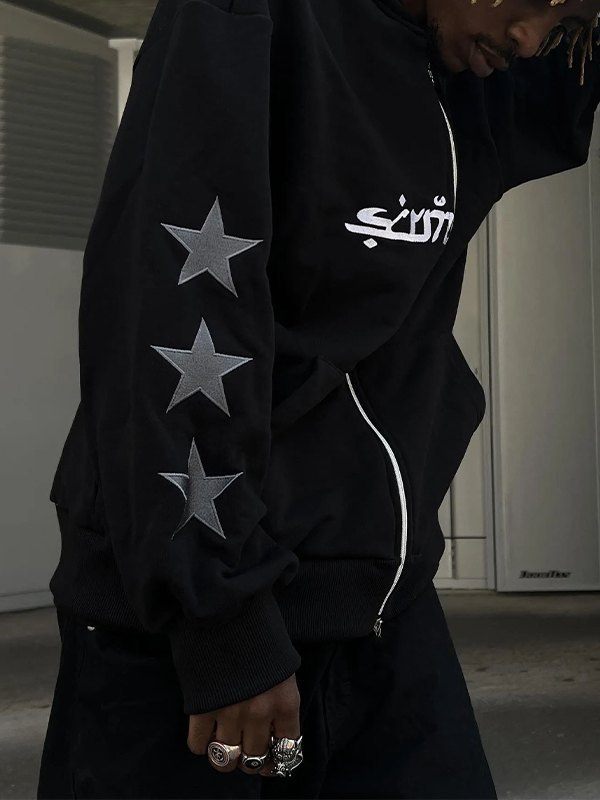 Sudadera con capucha y cremallera con bordado de estrella punk para hombre-2