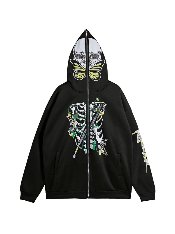 Sudadera extragrande con capucha y estampado de calavera y esqueleto para hombre-2