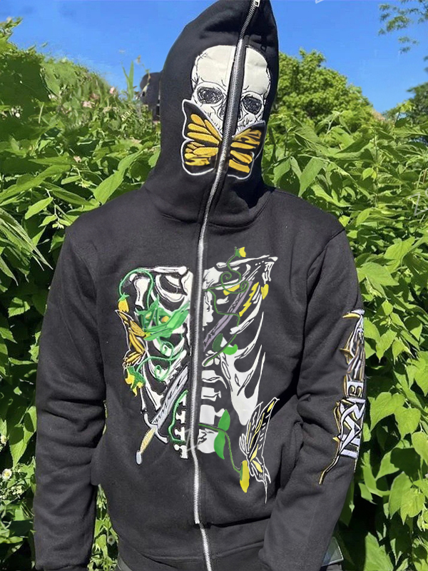 Sudadera extragrande con capucha y estampado de calavera y esqueleto para hombre-1