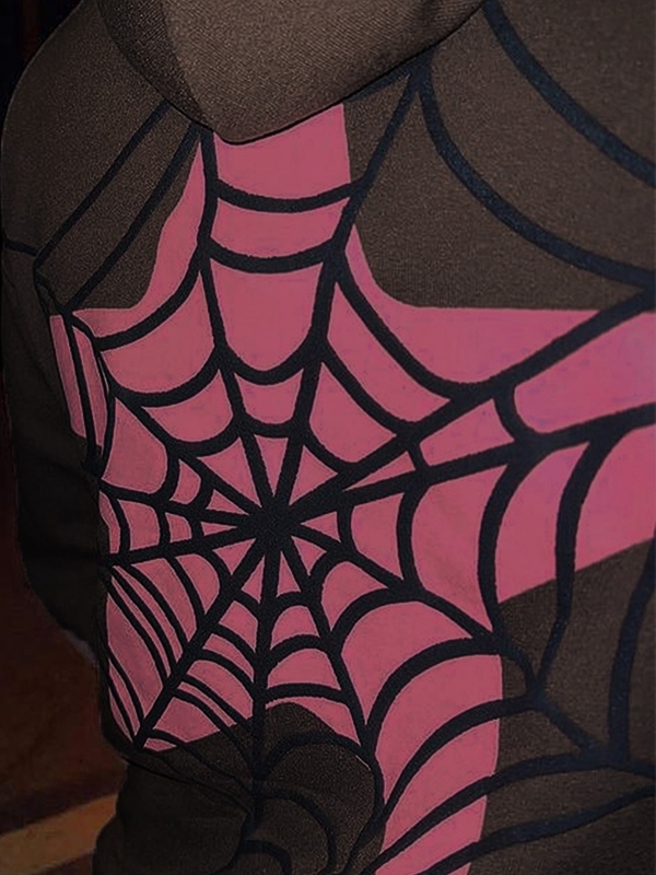 Sudadera con capucha extragrande con estampado de telaraña en color en contraste para hombre-2