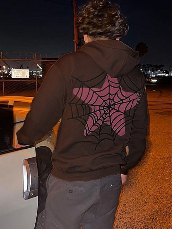 Sudadera con capucha extragrande con estampado de telaraña en color en contraste para hombre-1