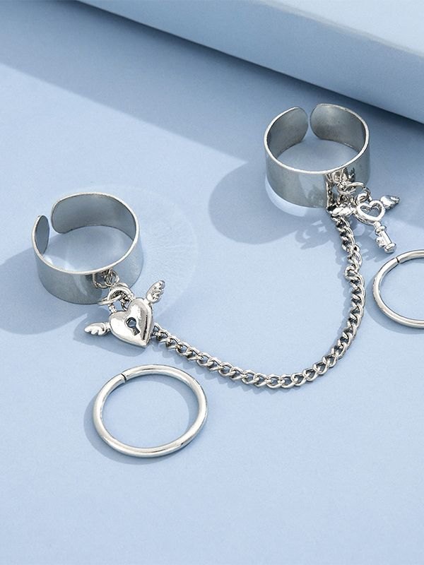 Juego de anillos de puño con colgante de llave de corazón-5