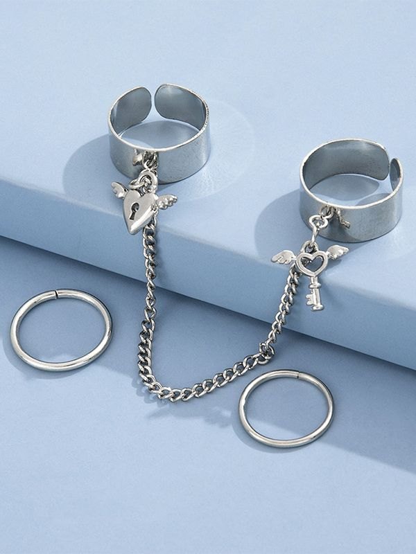 Juego de anillos de puño con colgante de llave de corazón-2