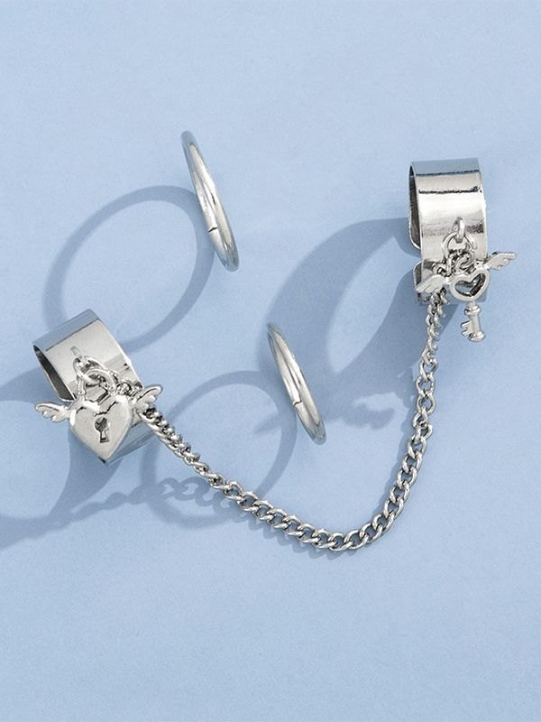 Juego de anillos de puño con colgante de llave de corazón-4