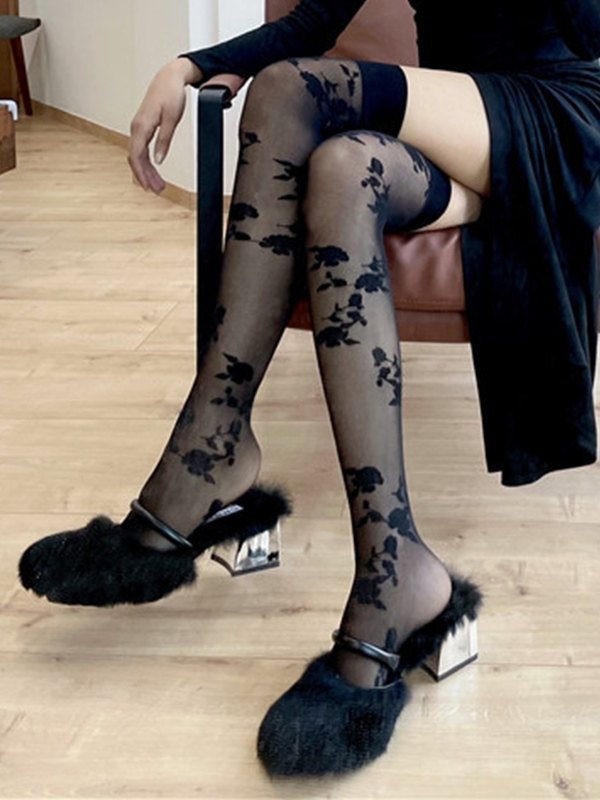 Calcetines hasta el muslo de malla transparente floral vintage-2